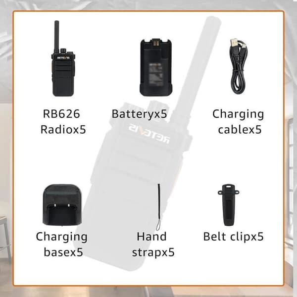 Retevis RB626 Talkie Walkie Professionell, Lång Räckvidd 2000 mAh Uppladdningsbar Talkie Walkie, Nödlarm, 16 Kanaler, Skola (5 St)