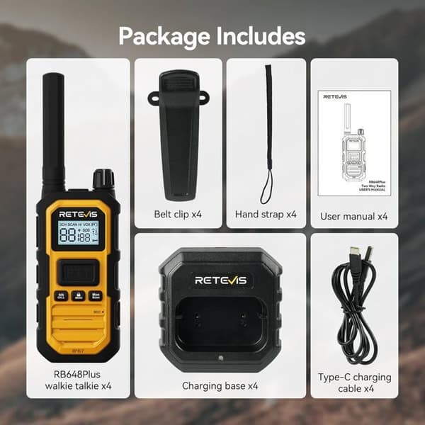Retevis RB648P Talkie Walkie Professionell Lång Räckvidd, IP67 Vattentålig, 2000mAh Typ C, för Svåra Miljöer (4 Stycken)