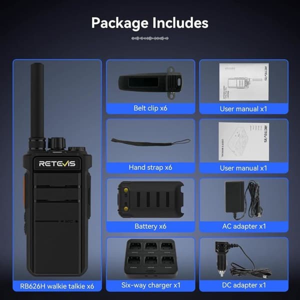 Retevis RB626H Walkie Talkie Lång Räckvidd, Uppladdningsbar Walkie Talkie 2000 mAh, VOX, Nödsignal, för Säkerhet, Skola (6 St)