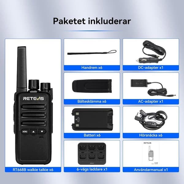 Retevis RT668B Talkies Walkies med Laddare, PMR446 Tvåvägsradio, USB-C, 16 Kanaler, för Säkerhet, Restaurang (6 Stycken)