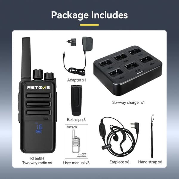 Retevis RT668H Talkie Walkie Professionell, med Dold Skärm, Typ-C 1200 mAh, VOX, Hörlurar, Talkie Walkie Lång Räckvidd (6 St)
