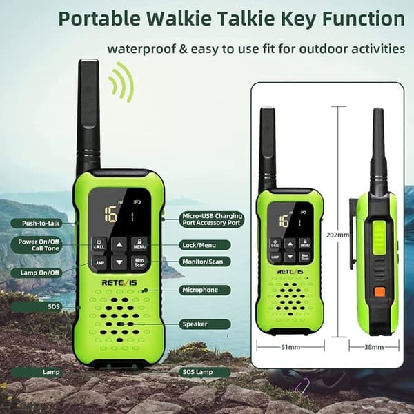 Retevis RT649P Walkie Talkie Lång Räckvidd, PMR446 Flytande IP67 Vattentät, 1200mAh, SOS Alarm Radio för Kajak, Surf, Fiskeri (4 St)