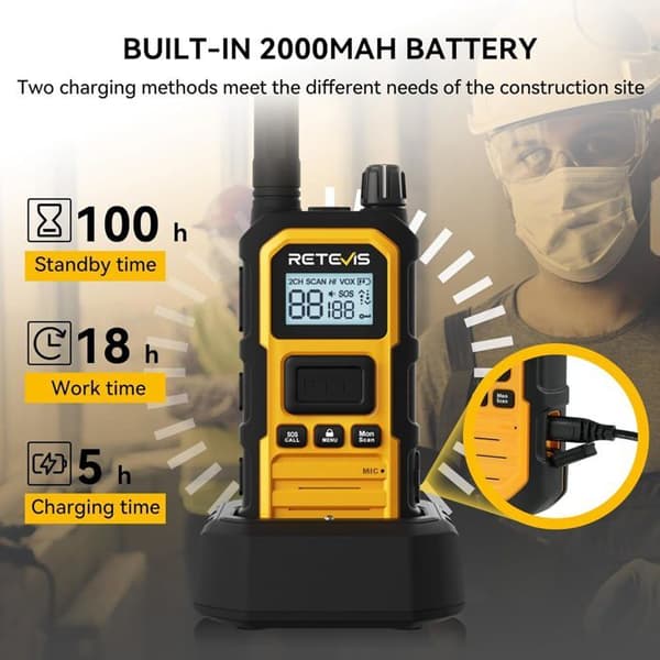 Retevis RB648P Walkie Talkie Robust, Walkie-Talkie Lång Räckvidd med Hörlurar, Vattentät IP67, 2000 mAh, för Industri (4 Stycken)