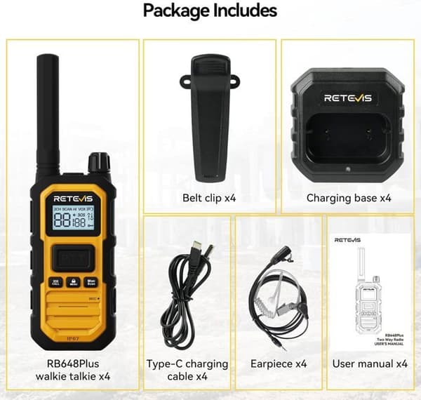 Retevis RB648P Walkie Talkie Robust, Walkie-Talkie Lång Räckvidd med Hörlurar, Vattentät IP67, 2000 mAh, för Industri (4 Stycken)