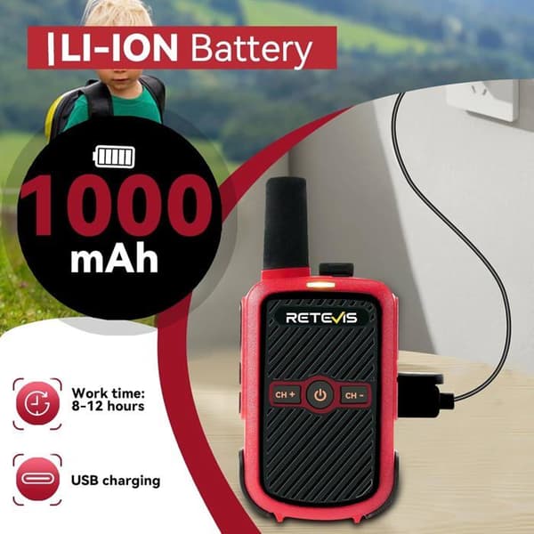 Retevis RT15 Talkie Walkie Återuppladdningsbar Professionell, 1000 mAh, Vox, Lång Räckvidd för Familjeresor, Camping, Utomhus