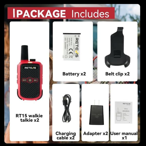 Retevis RT15 Talkie Walkie Återuppladdningsbar Professionell, 1000 mAh, Vox, Lång Räckvidd för Familjeresor, Camping, Utomhus