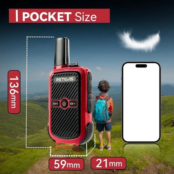 Retevis RT15 Talkie Walkie Återuppladdningsbar Professionell, 1000 mAh, Vox, Lång Räckvidd för Familjeresor, Camping, Utomhus