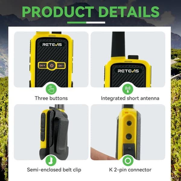Retevis RT15 Mini Walkie Talkies Återuppladdningsbara Pmr446, Händer Fria Vox, 1000mAh, för Camping, Skolan, Hemspel (Grön Gul)