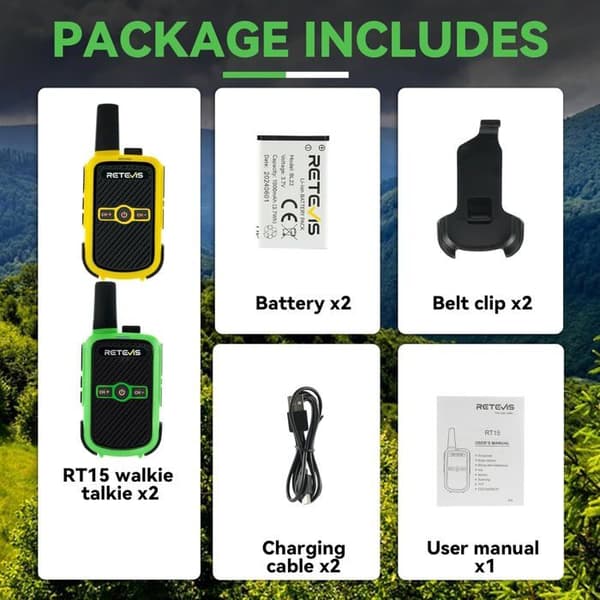 Retevis RT15 Mini Walkie Talkies Återuppladdningsbara Pmr446, Händer Fria Vox, 1000mAh, för Camping, Skolan, Hemspel (Grön Gul)