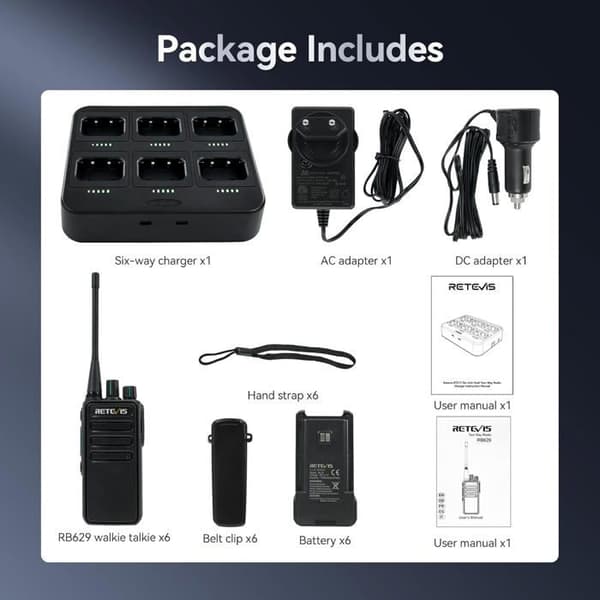 Retevis RB629 Talkie Walkie Professionell, Effektiv Laddning, En-Klick Frekvenskoppling, VOX, för Industri (6 Stycken)