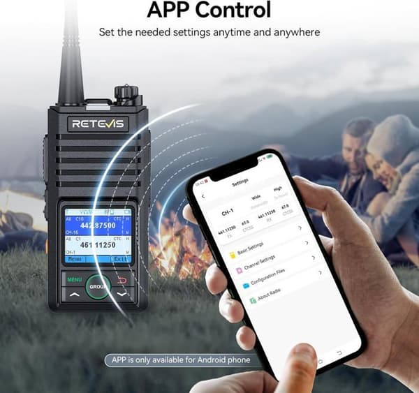 Retevis RB658 Talkie Walkie APP, Bluetooth, 1800mAh, AI Bullerdämpning, 1,77 Tum Skärm, med Trådlösa Hörlurar för Flotta