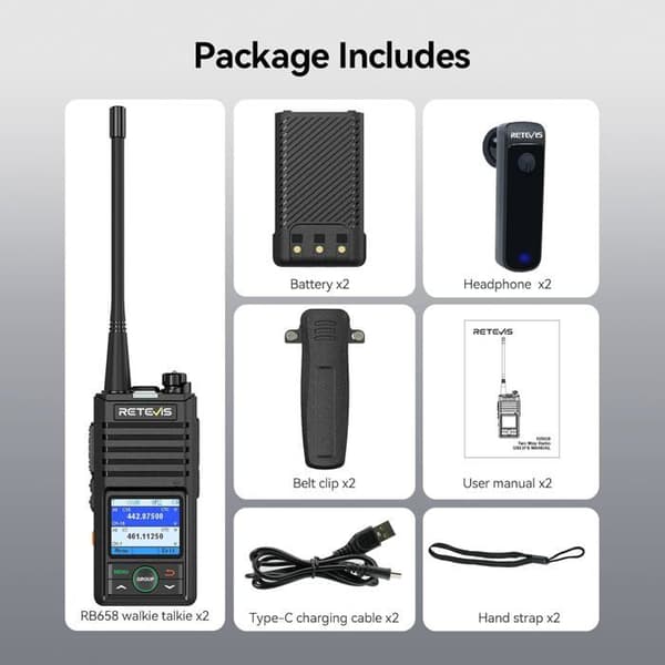Retevis RB658 Talkie Walkie APP, Bluetooth, 1800mAh, AI Bullerdämpning, 1,77 Tum Skärm, med Trådlösa Hörlurar för Flotta