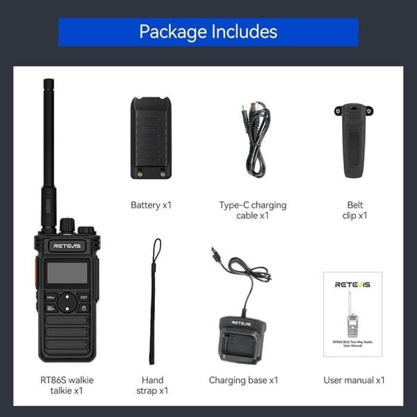 Retevis RT86S Talkie Walkie Långdistans, LCD-skärm, LED-ficklampa, Typ C 2600 mAh uppladdningsbar för vuxna, Logistik