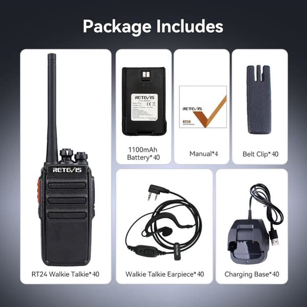 Retevis RT24 Talkie Walkie Lång räckvidd, PMR446 utan licens 16 kanaler, Uppladdningsbar tvåvägsradio och hörsnäcka (40 st)