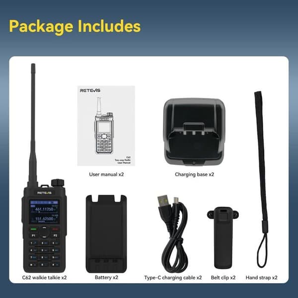 Retevis C62 Dubbelband Walkie-Talkie, Laddningsbar Ham Amatörradio, Lång Räckvidd, 2000mAh, Typ-C, för Vandring/Jakt/Camping