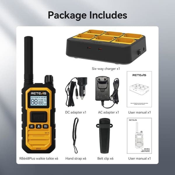 Retevis RB648P Talkie-Walkie Vattentålig IP67, Lång Räckvidd, 6-Vägs Laddare, Gruppsamtal, 2000mAh, med LCD-Skärm för Byggarbetsplats