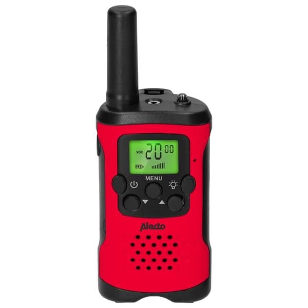 Alecto FR115RD - Set med två walkie-talkies för barn, räckvidd upp till 7 kilometer, röd/svart
