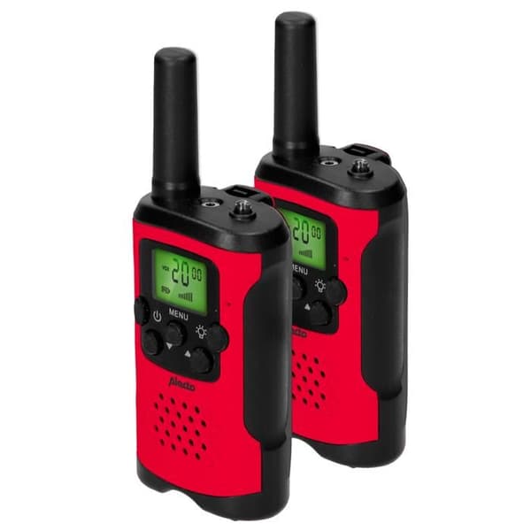 Alecto FR115RD - Set med två walkie-talkies för barn, räckvidd upp till 7 kilometer, röd/svart