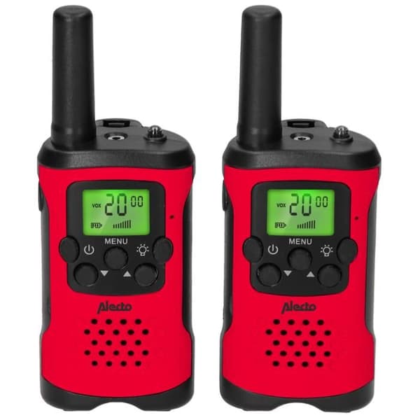 Alecto FR115RD - Set med två walkie-talkies för barn, räckvidd upp till 7 kilometer, röd/svart