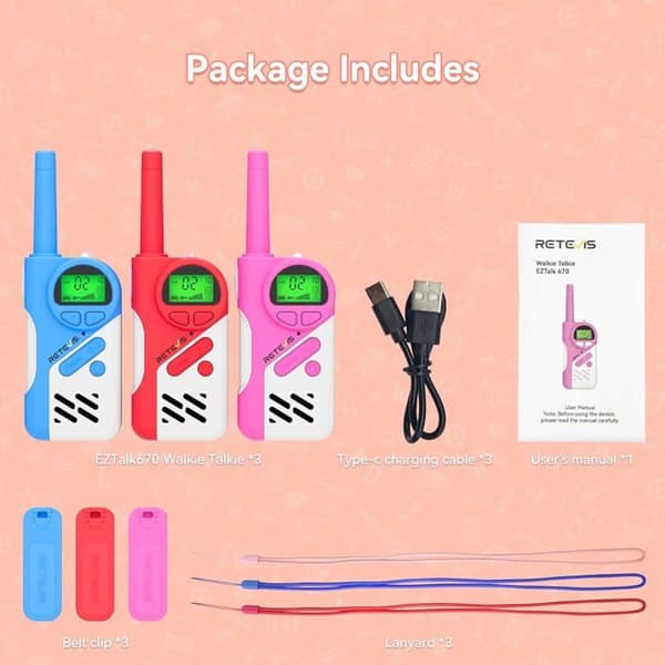 Retevis EZTalk 670 Walkie Talkie Lång Räckvidd, Walkie Talkie För Barn i Säkert Läge, LED Lampa, Leksaker för Barn 6-13 År (3 Stycken)