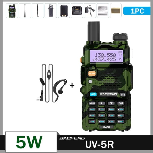 Walkie Talkie, Teho-tilat, 128 Kanavaa, IP45 Vesitiivis,5W-FM-Camo-Päähine