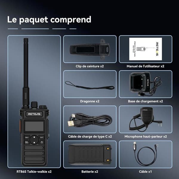 Retevis RT86S Talkie Walkie med Hörlurar, Tvåvägsradio Lång Räckvidd, LCD Skärm 2600 mAh USB C, Gruppsamtal, 2 Stycken