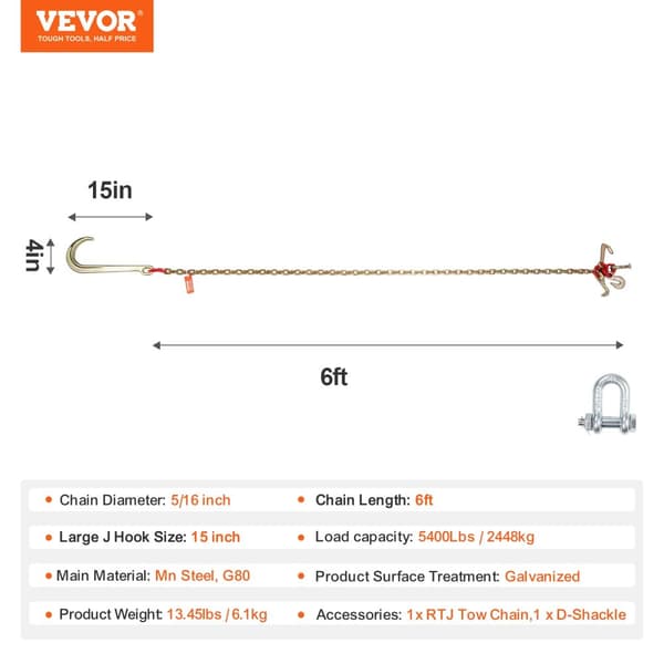 Vevor J Hook Kæde, 5400 lbs Belastningsevne, Galvaniseret Holdbart Design,1STK