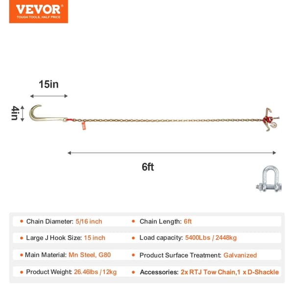 Vevor J Krok Kedja, 5400 lbs Lastkapacitet, Galvaniserad Hållbar Design,2ST