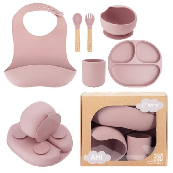 MoMi AMI - Set med silikonserviser för bebisar - Utan BPA eller ftalater - Björkträ - Rosa