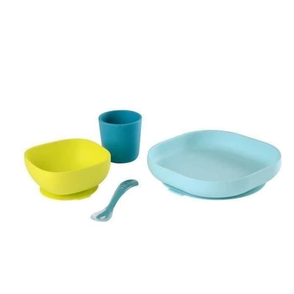 BÉABA - Set med silikonserviser för baby - Sugpropp - Rutschfri - 4 delar - Blå