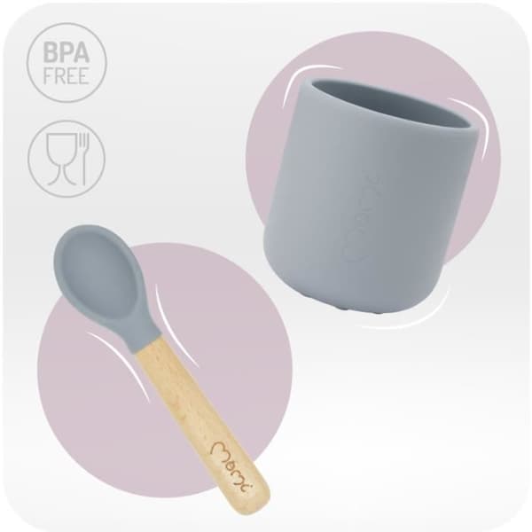 MoMi AMI - Set med silikonservis för babymat - Utan BPA eller ftalater - Bøk - Grå