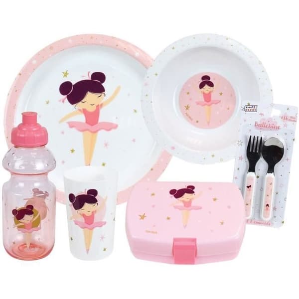 BALLERINA - Barnservis set med glas, sopptallrik, platt tallrik, bestick, vattenflaska och snackslåda