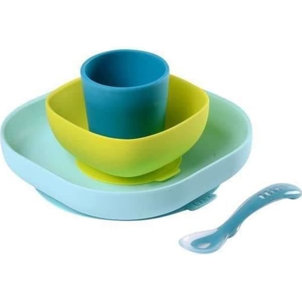 BÉABA - Set med silikonserviser för baby - Sugpropp - Rutschfri - 4 delar - Blå