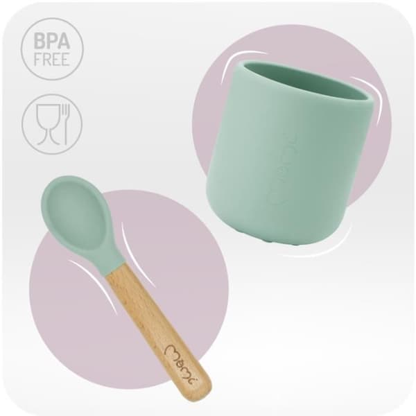 MoMi AMI - Servis av silikon för barnmat - Utan BPA eller ftalater - Bokträ - Grön