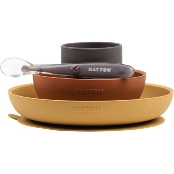 NATTOU 4-delad måltidsset i silikon: tallrik, skål, glas och sked - Okra, tegel och grå