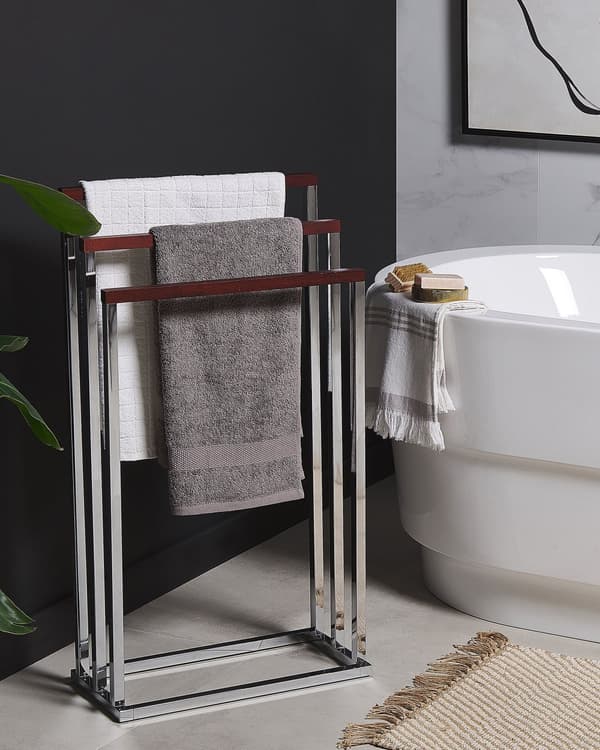 Handduksställ Blank silver och mörkt trä Stål 3 skenor Badrumstillbehör Stående handduksförvaring Modern design