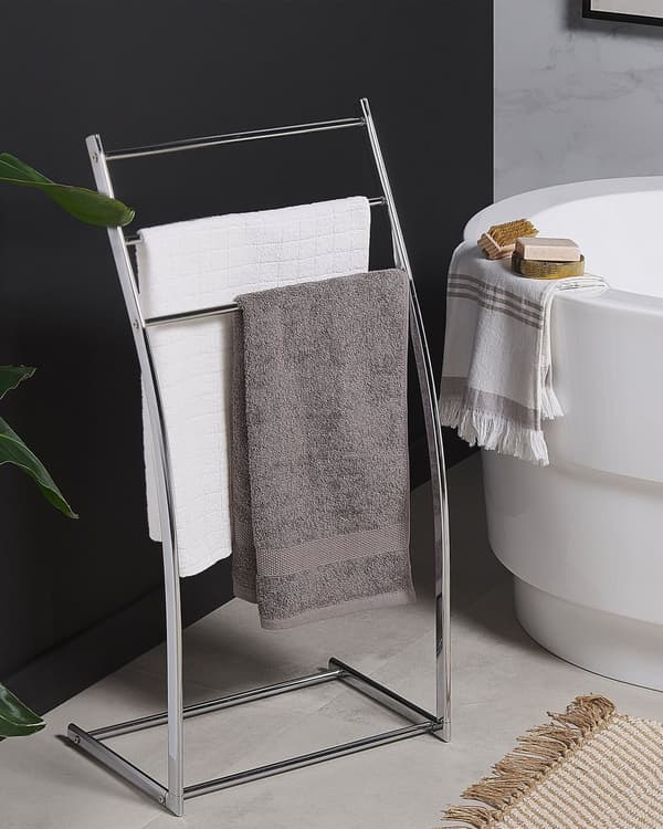 Håndklædestativ Blank Sølv Stål 3 Skinner Badeværelsestilbehør Stående Håndklædestativ Moderne Design
