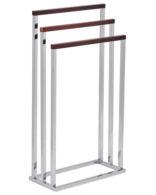 Håndklædeholder Sølv Krom Stål og Mørkt Træ 84 x 45 x 21 cm 3 Skinner Badeværelsestilbehør Fritstående Håndklædestativ til Gulv Moderne Design