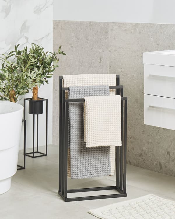 Handduksställ Svart och mörkt trä Stål 3 skenor Badrumstillbehör Stående handduksförvaring Modern design