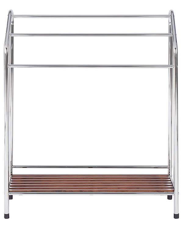 Handduksställ Silver Stål Mörk Furuträ Hylla 3 Stänger Stående Modern Badrumstillbehör