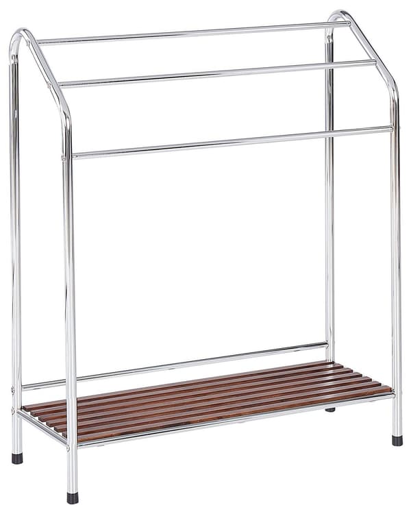 Handduksställ Silver Stål Mörk Furuträ Hylla 3 Stänger Stående Modern Badrumstillbehör
