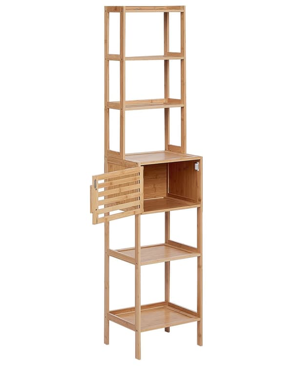 Badrumshylla Bambu Ljust Trä Badrumsförvaring 6 Hyllplan 1 Dörr Minimalistisk Design