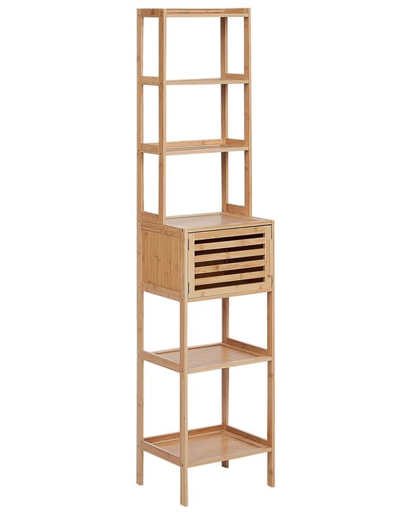 Badrumshylla Bambu Ljust Trä Badrumsförvaring 6 Hyllplan 1 Dörr Minimalistisk Design
