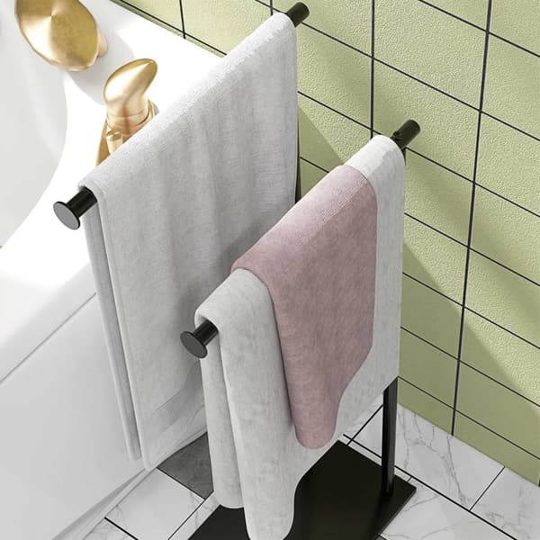 Rootz Steel Håndklædeskinne - Dobbeltstænger - Rumbesparelse - Stabilitet med vægtet base - 35,5L X 20W X 78H CM - Sort