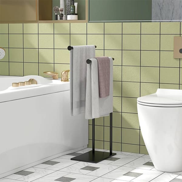 Rootz Steel Håndklædeskinne - Dobbeltstænger - Rumbesparelse - Stabilitet med vægtet base - 35,5L X 20W X 78H CM - Sort