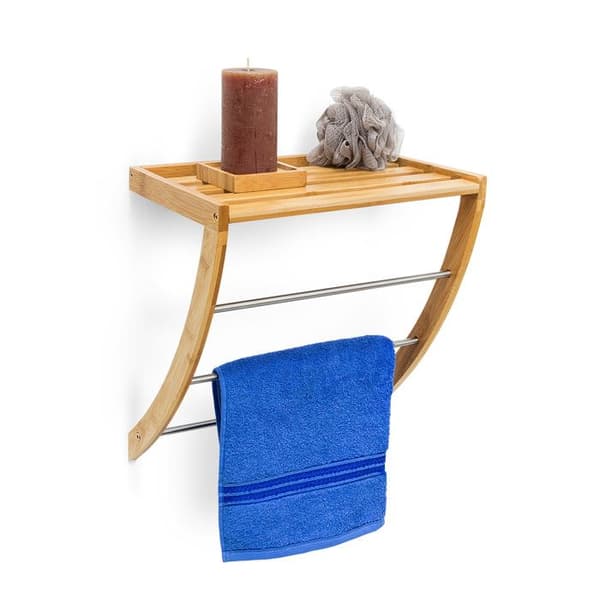 Relaxdays Bamboo Handdukshylla 3 Metalltorkstänger Badrumsdekoration H x B x D: 40 x 38 x 24,5 cm, Naturlig