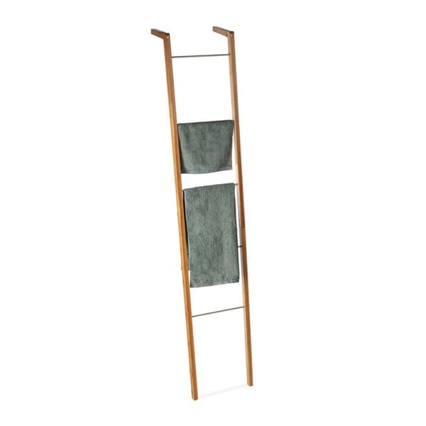 Relaxdays Bambu handdukshängare, fristående trappstege, 5 handduksstänger, HxBxD 180 x 35 x 20cm, Naturlig