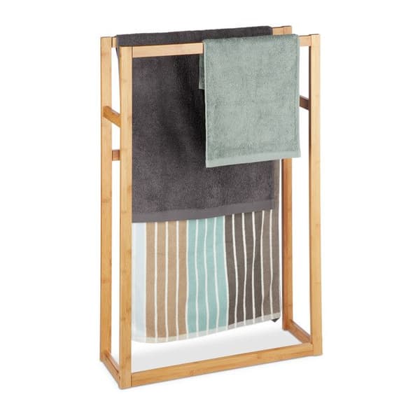 Relaxdays Bamboo Handdukshängare, Stående Handdukshängare, 3 Badrumsstänger, HxBxD: 90 x 60 x 20 cm, Natural