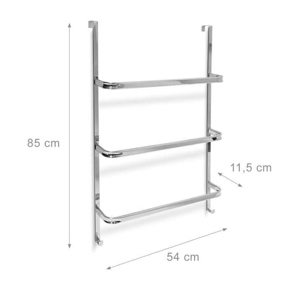 Relaxdays 3-bars handduksställ HxBxD: 85 x 54 x 11,5 cm Rostfritt stål optisk dörrfäste 2 krokar Kök eller badrum,