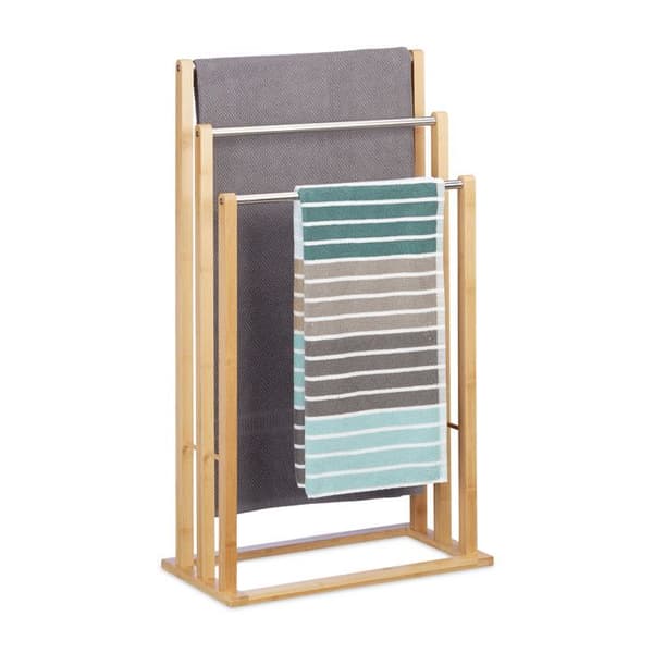 Relaxdays Frittstående handdukshängare 3 armar badrum bambu stativ kavat tjänare HxlxB: 84 x 48 x 26 cm, natur